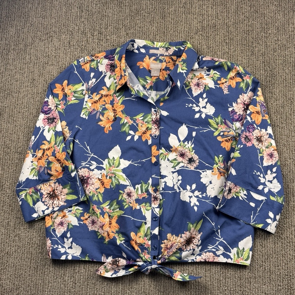 Chicos Womens 3 16/18 Tie Front Button Up Shirt 3/4 Sleeve No Iron Blue Floral